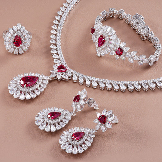 Pear Lab Ruby Jewelry Set | Rhodium-Plated S925 Silver, Custom Available