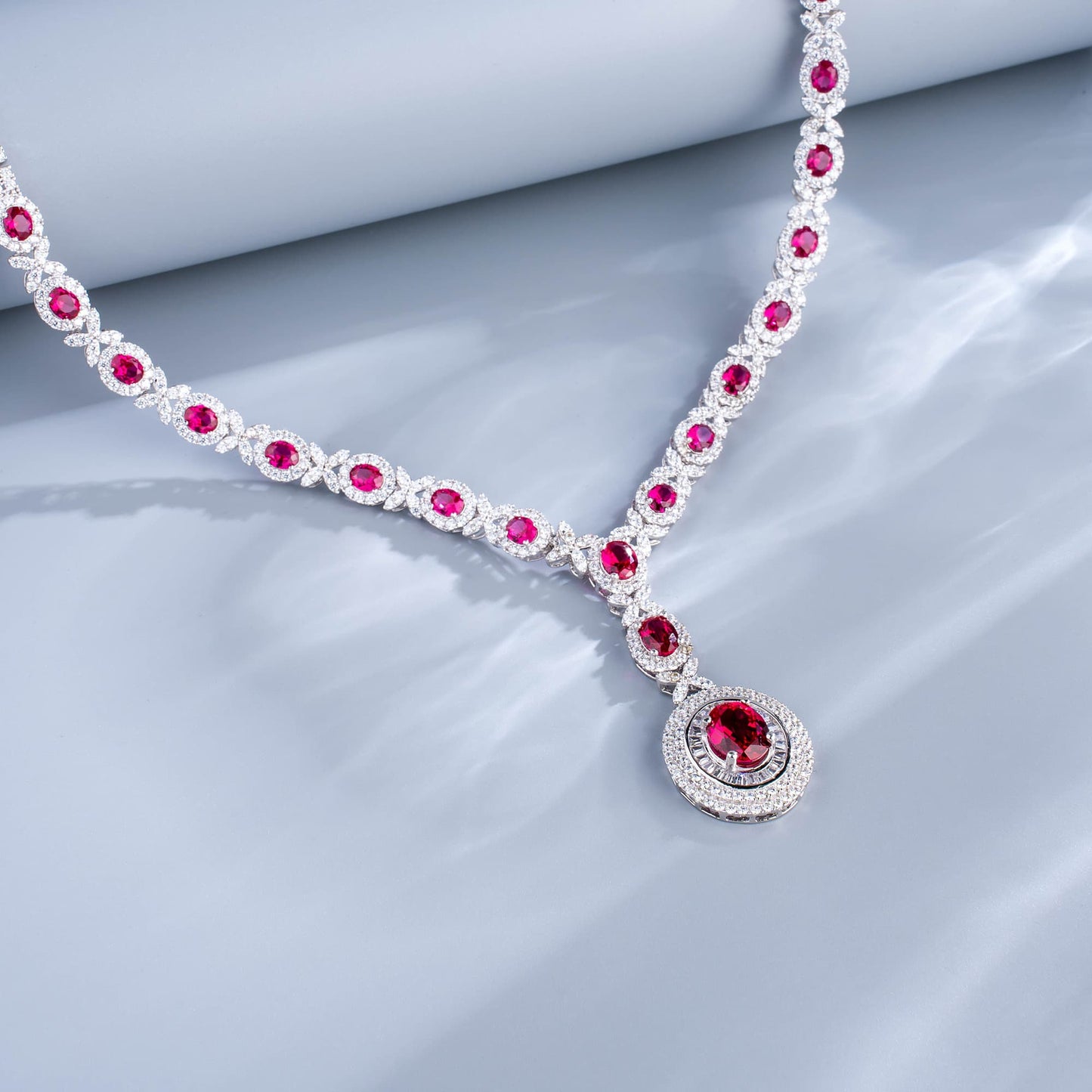 Round Lab Ruby Jewelry Set | Rhodium-Plated S925 Silver, Custom Available