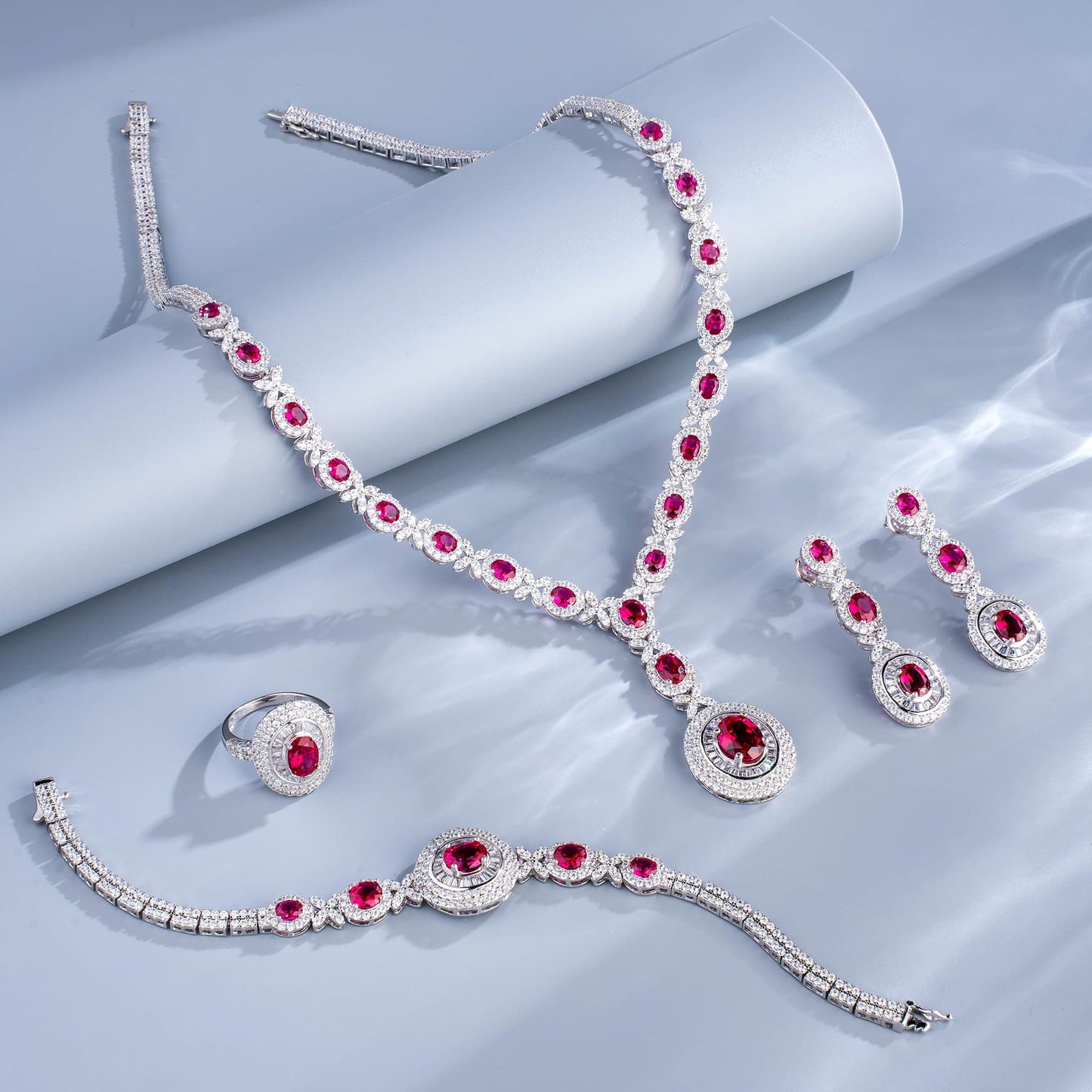 Round Lab Ruby Jewelry Set | Rhodium-Plated S925 Silver, Custom Available