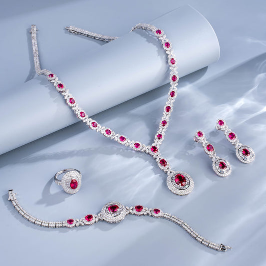 Round Lab Ruby Jewelry Set | Rhodium-Plated S925 Silver, Custom Available