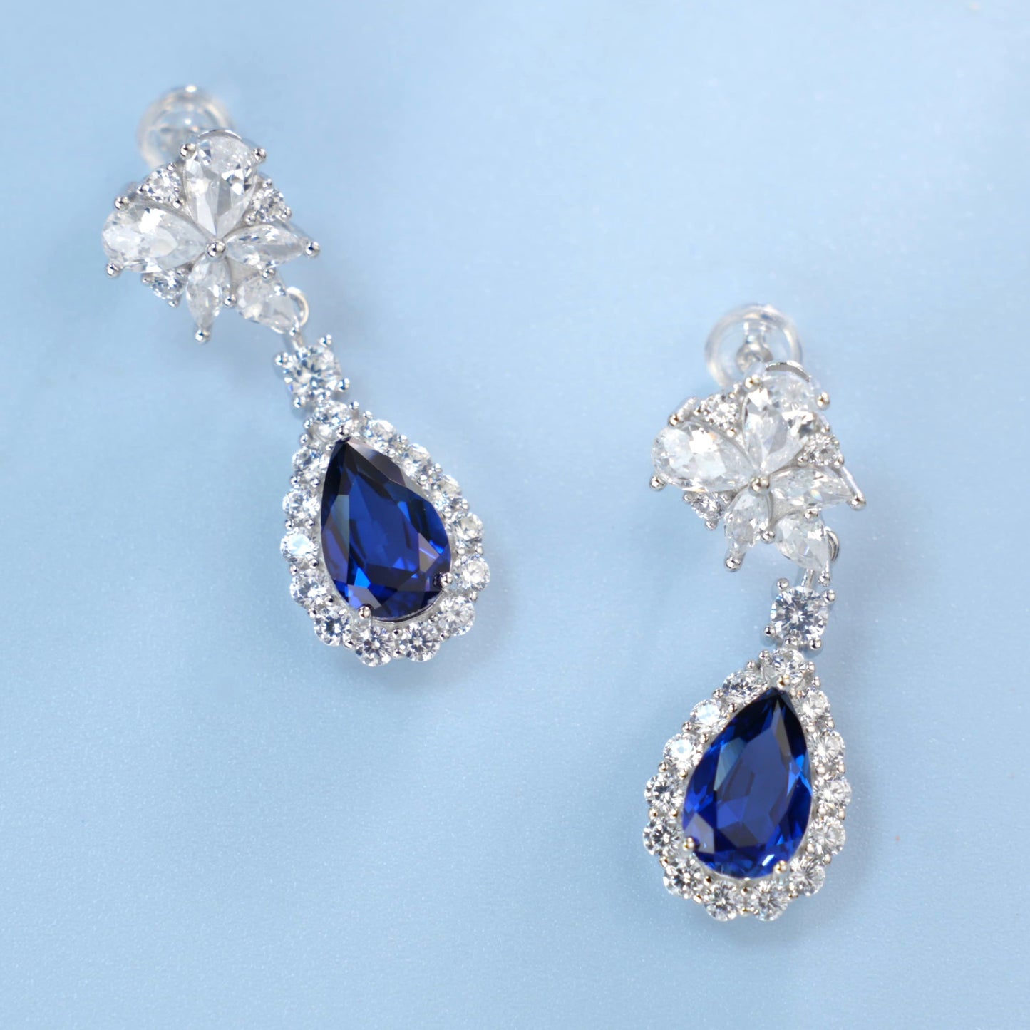 Pear-Shaped Lab Sapphire Earrings | Rhodium-Plated S925 Silver, Custom Available