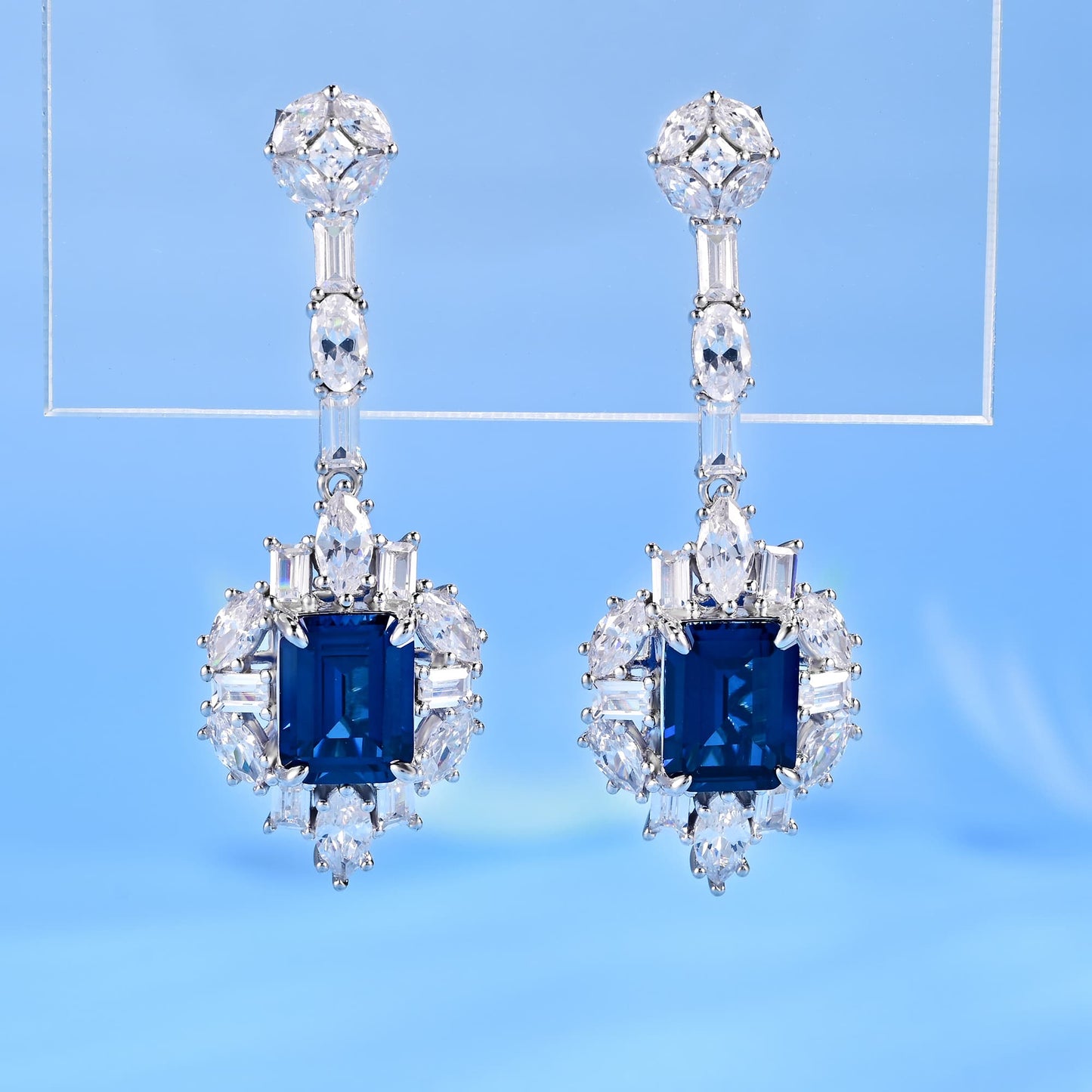 SQ-Shaped Lab Sapphire Earrings | Rhodium-Plated S925 Silver, Custom Available