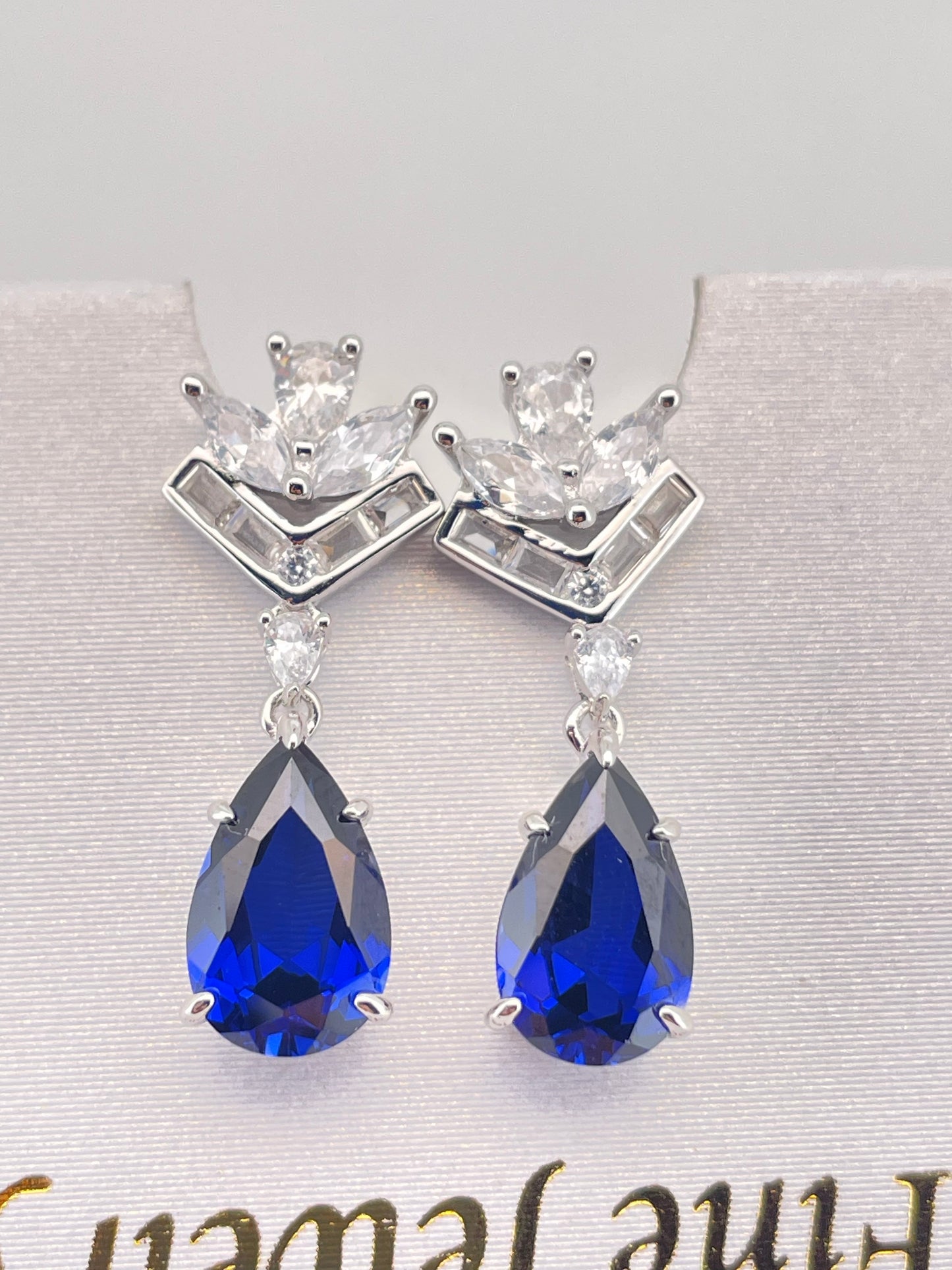Pear-Shaped Lab Sapphire Earrings | Rhodium-Plated S925 Silver, Custom Available