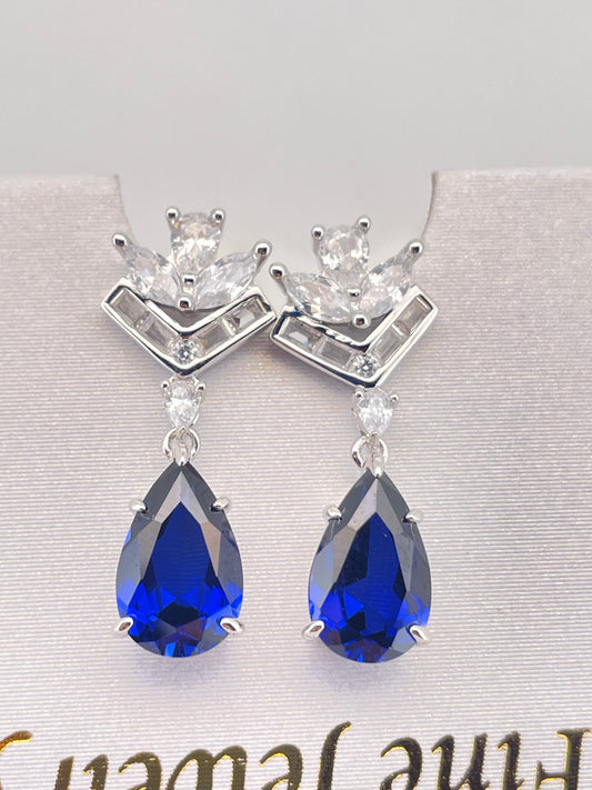 Pear-Shaped Lab Sapphire Earrings | Rhodium-Plated S925 Silver, Custom Available
