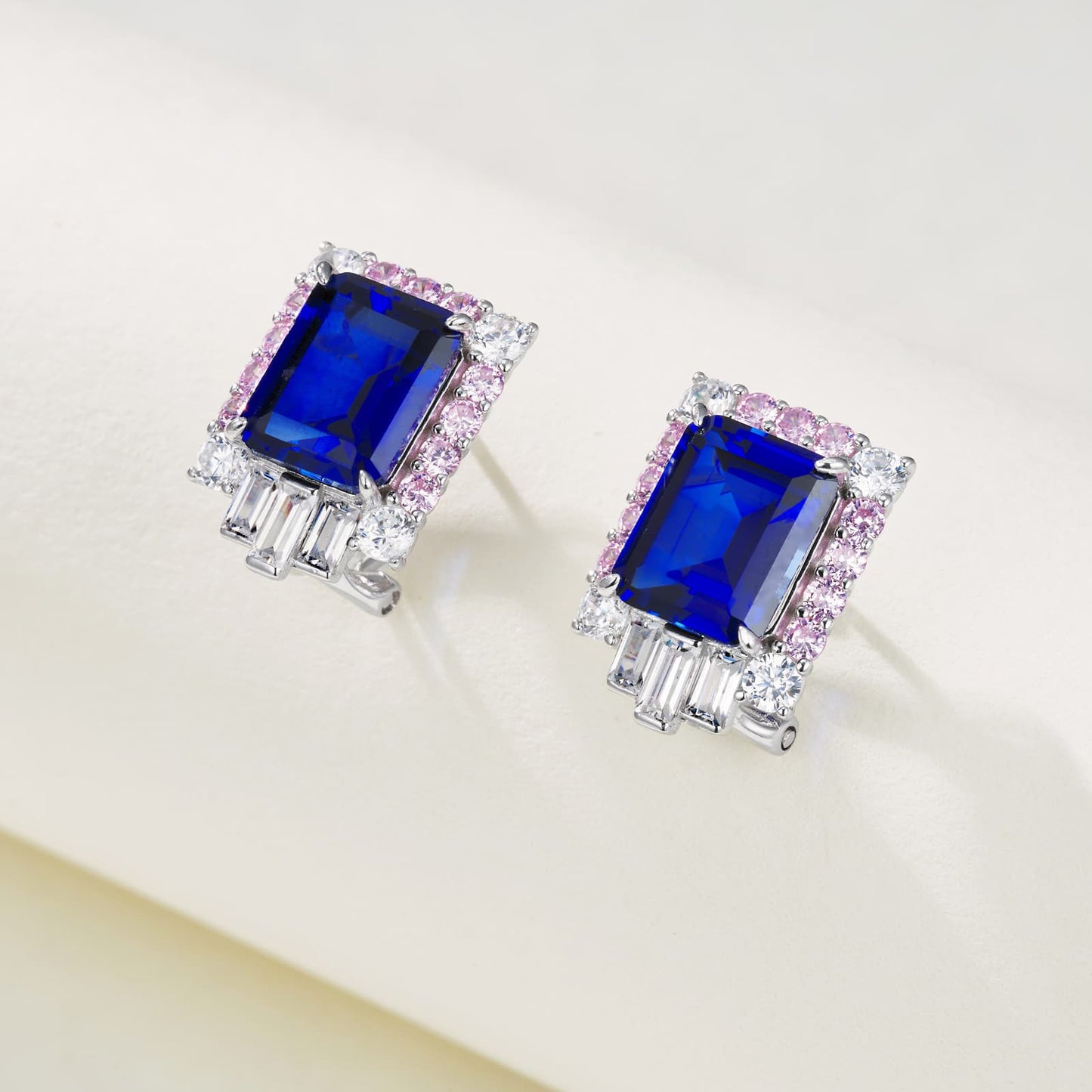 SQ-Shaped Lab Sapphire Earrings | Rhodium-Plated S925 Silver, Custom Available