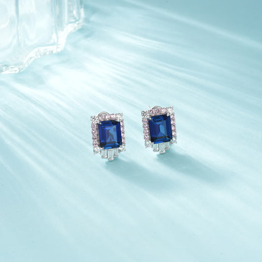 SQ-Shaped Lab Sapphire Earrings | Rhodium-Plated S925 Silver, Custom Available