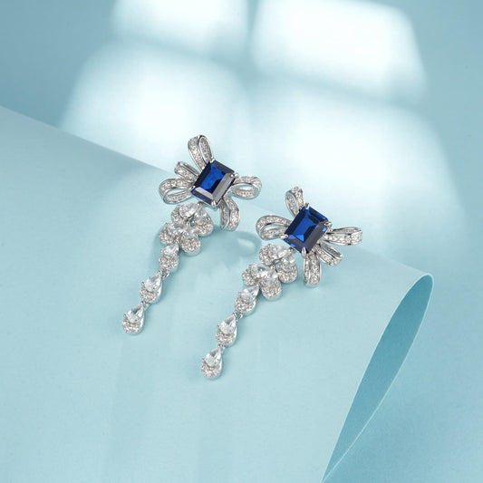 SQ-Shaped Lab Sapphire Earrings | Rhodium-Plated S925 Silver, Custom Available