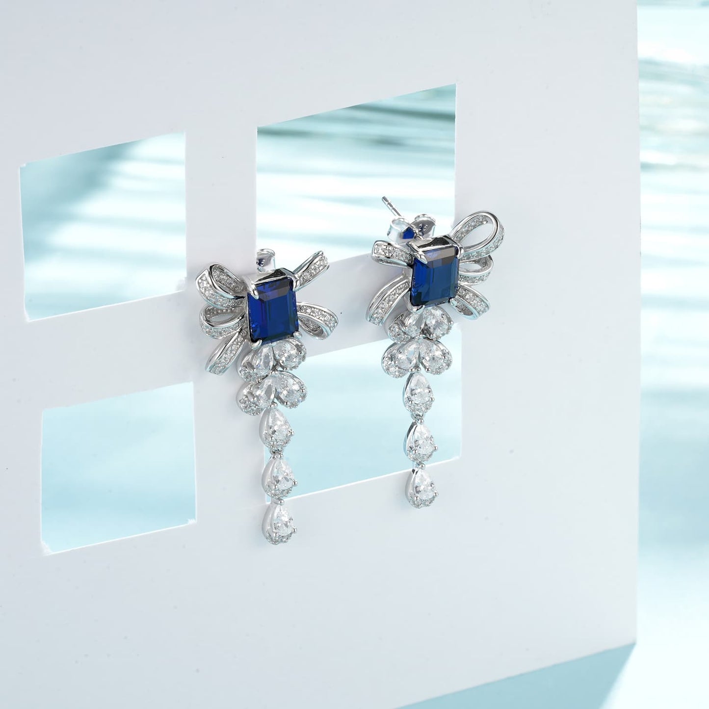 SQ-Shaped Lab Sapphire Earrings | Rhodium-Plated S925 Silver, Custom Available