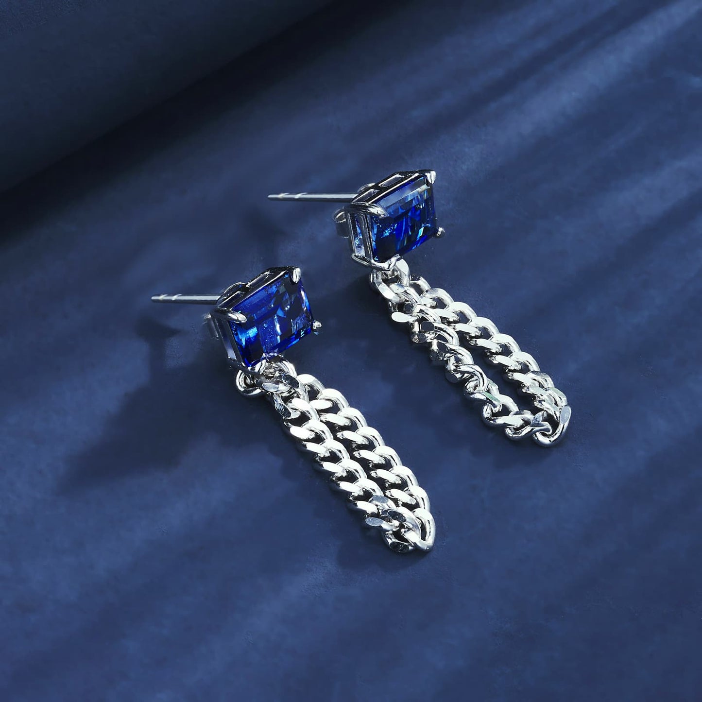 Baguette-Shaped Lab Sapphire Earrings | Rhodium-Plated S925 Silver, Custom Available
