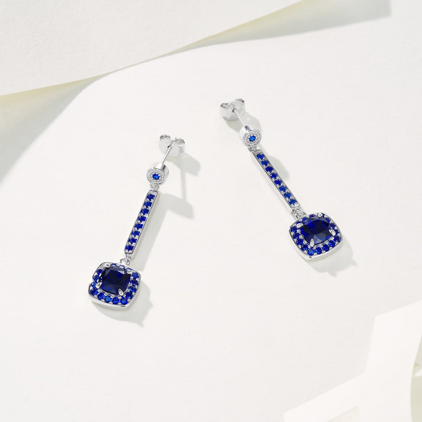 Cushion-Shaped Lab Sapphire Earrings | Rhodium-Plated S925 Silver, Custom Available