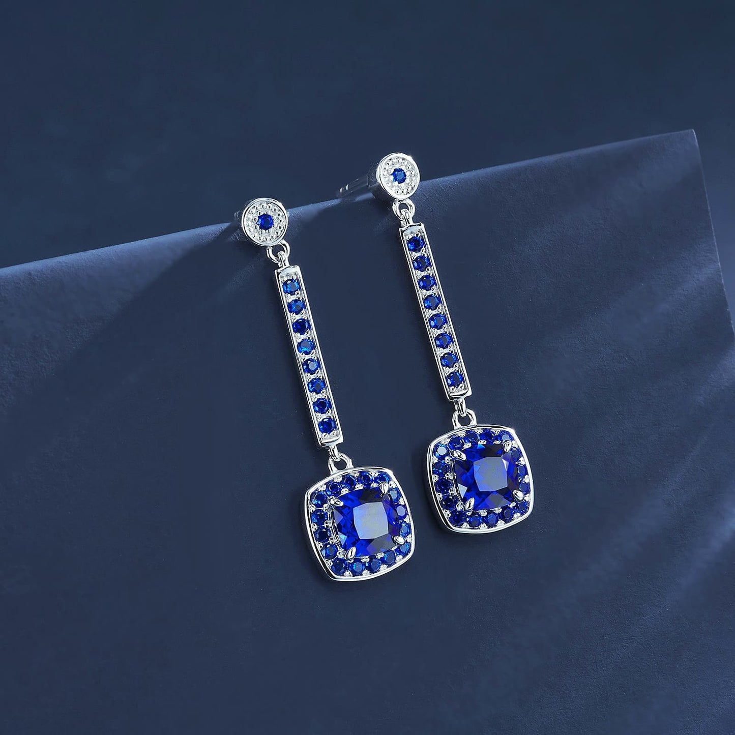 Cushion-Shaped Lab Sapphire Earrings | Rhodium-Plated S925 Silver, Custom Available