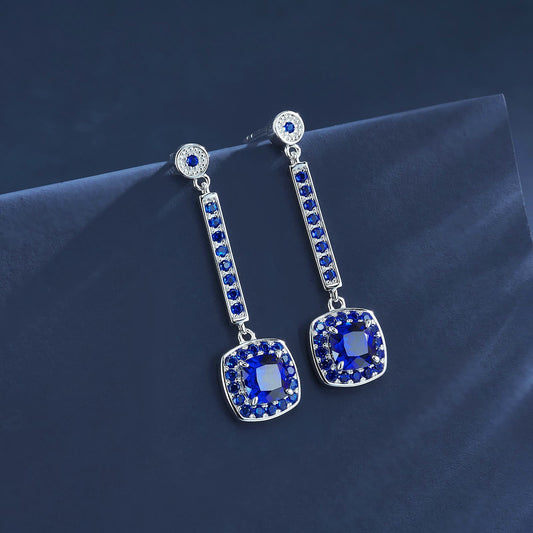 Cushion-Shaped Lab Sapphire Earrings | Rhodium-Plated S925 Silver, Custom Available