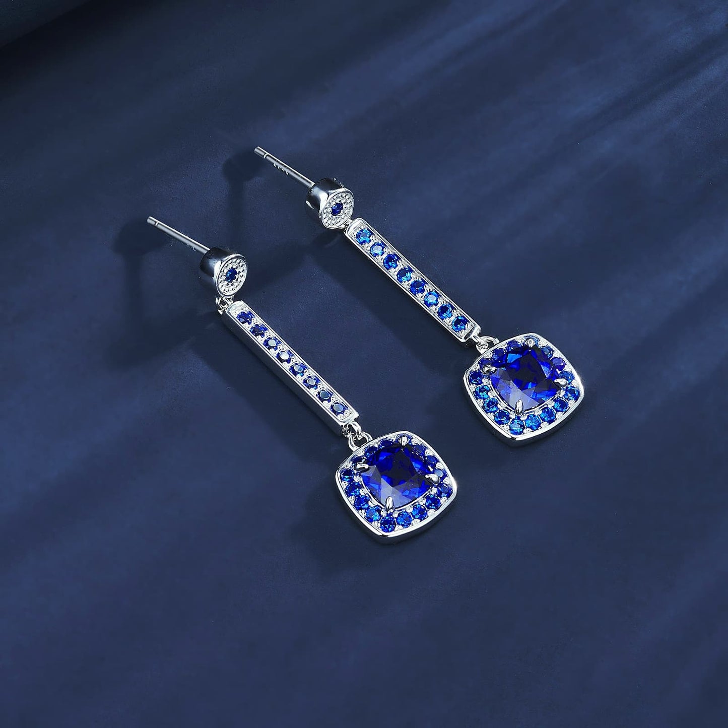 Cushion-Shaped Lab Sapphire Earrings | Rhodium-Plated S925 Silver, Custom Available