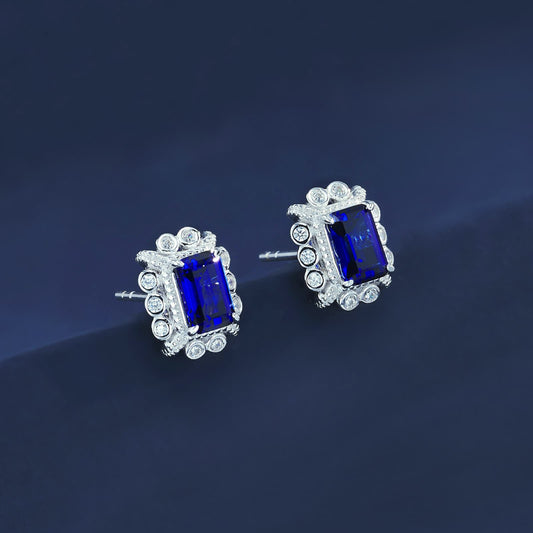 Octagon-Shaped Lab Sapphire Earrings | Rhodium-Plated S925 Silver, Custom Available
