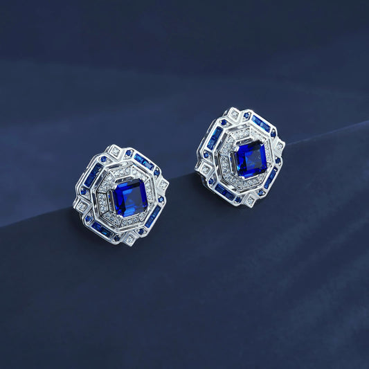 Cushion-Shaped Lab Sapphire Earrings | Rhodium-Plated S925 Silver, Custom Available