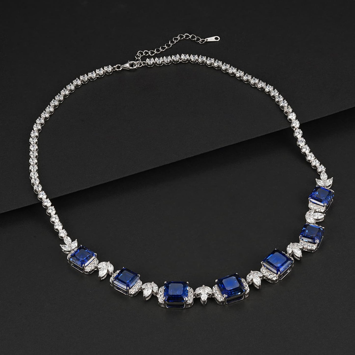 Square Lab Sapphire Necklace | Rhodium-Plated S925 Silver, Custom Available