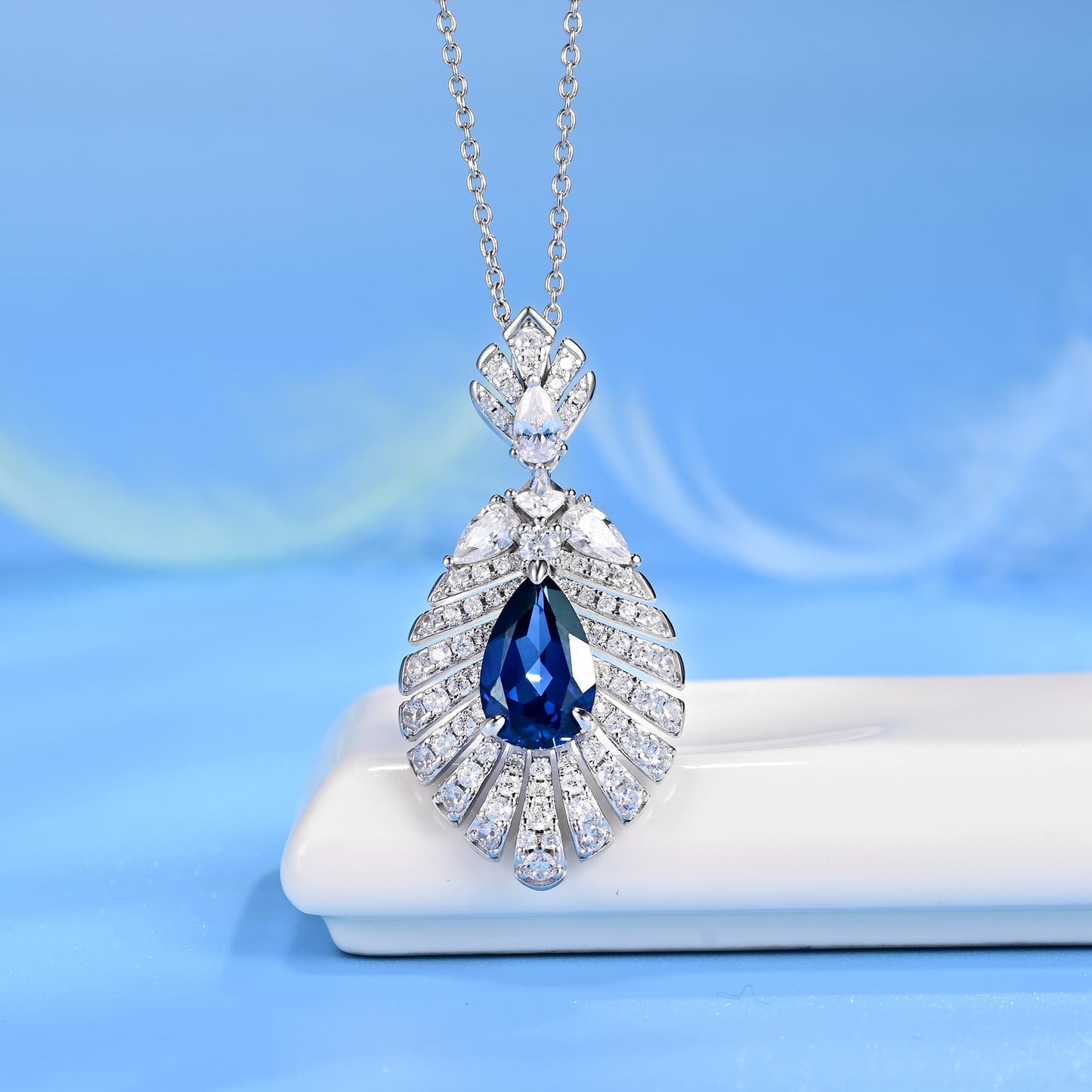 pear Lab Sapphire Necklace | Rhodium-Plated S925 Silver, Custom Available