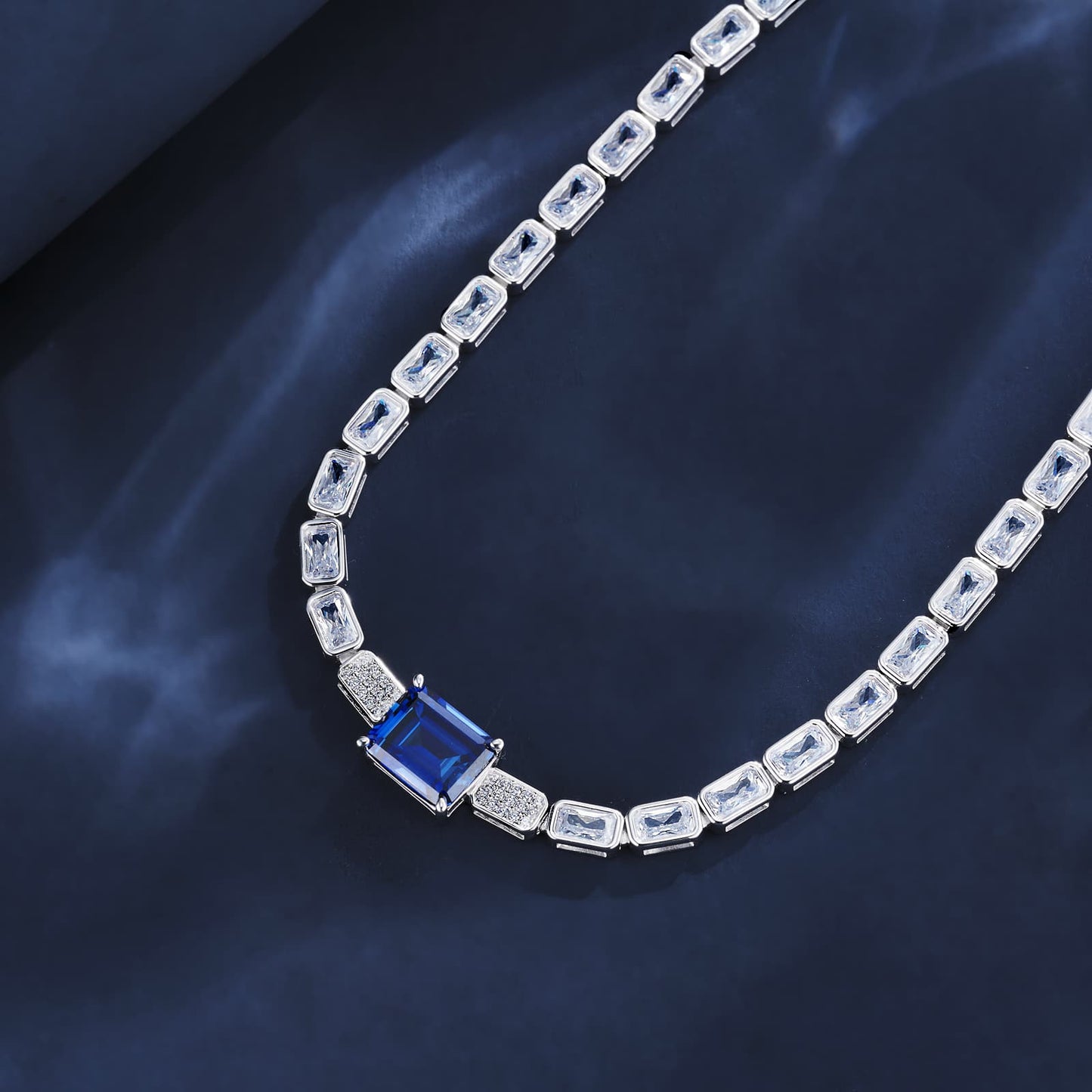 Baguette Lab Sapphire Necklace | Rhodium-Plated S925 Silver, Custom Available