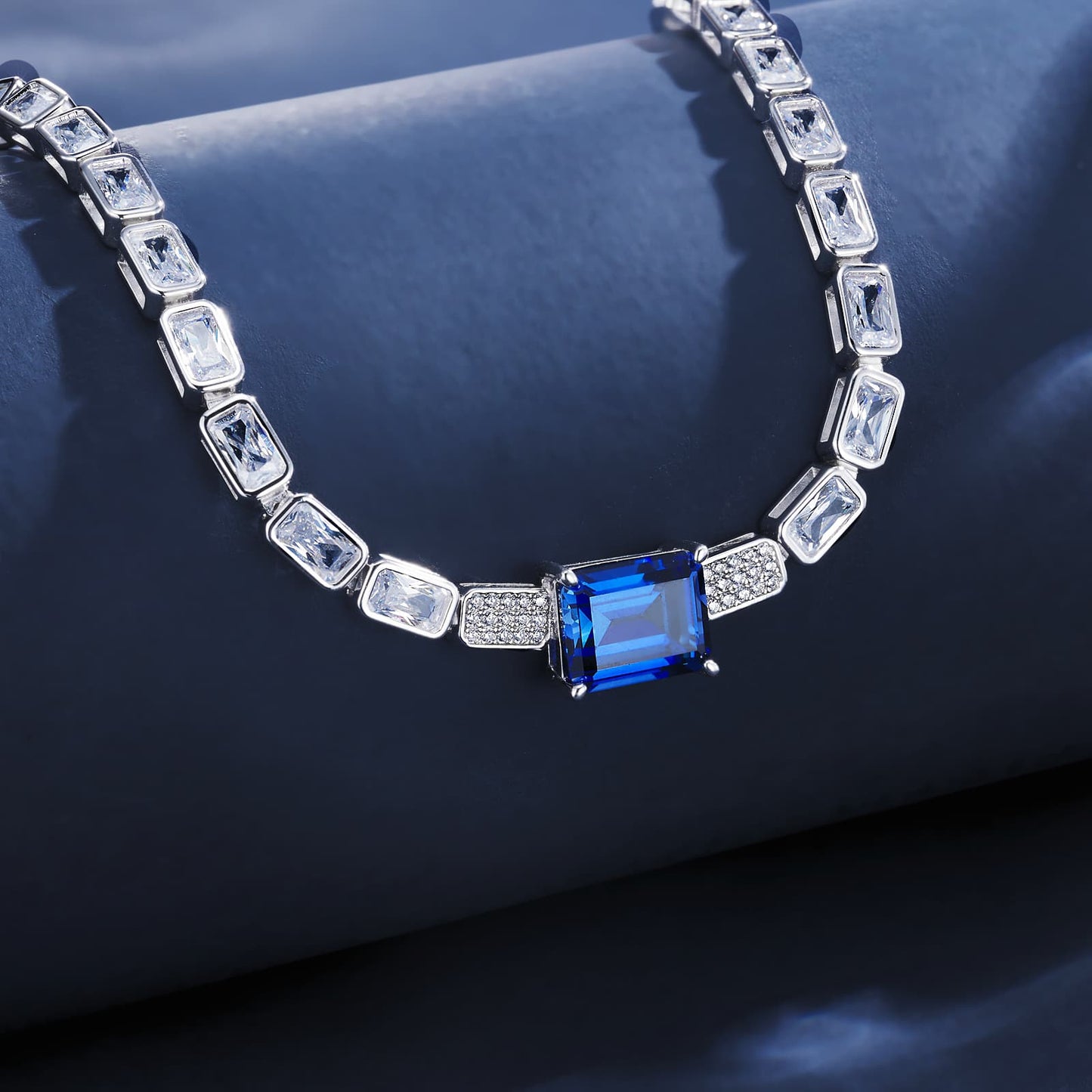 Baguette Lab Sapphire Necklace | Rhodium-Plated S925 Silver, Custom Available