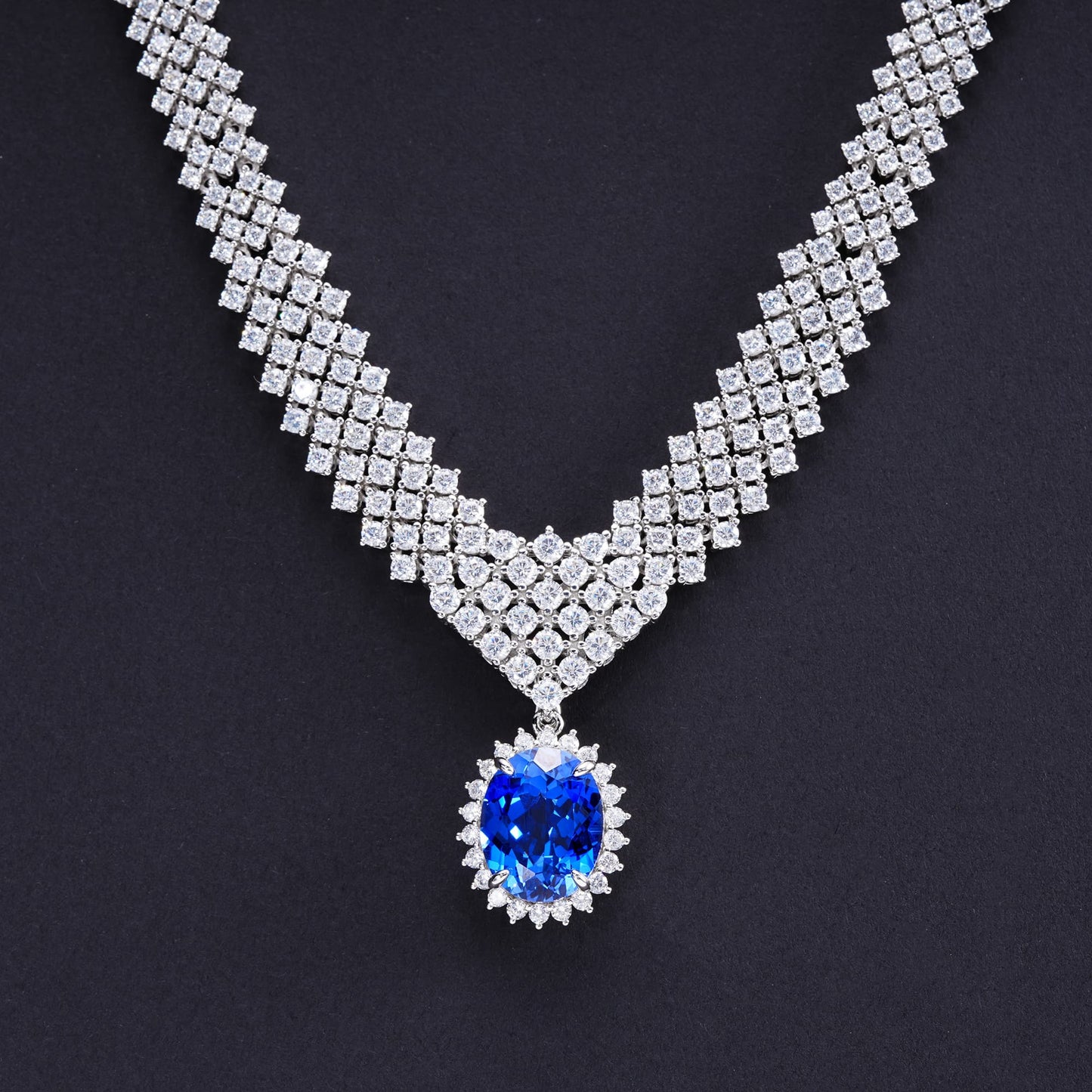 Round Lab Sapphire Necklace | Rhodium-Plated S925 Silver, Custom Available