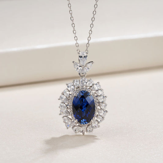 Round Lab Sapphire Necklace | Rhodium-Plated S925 Silver, Custom Available