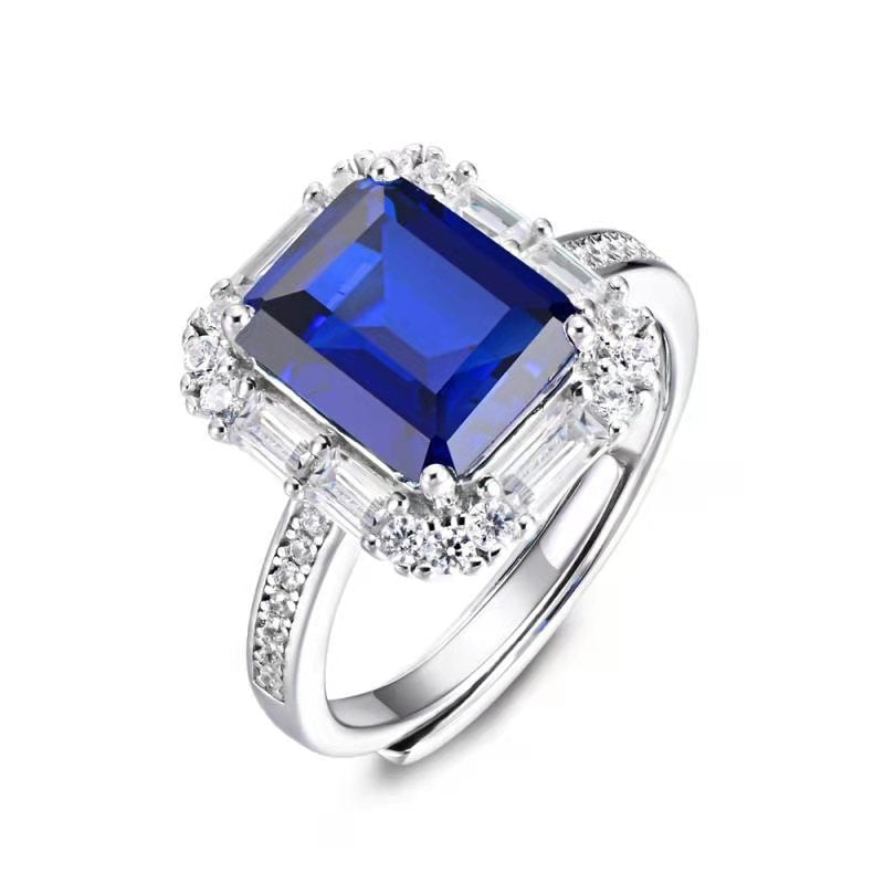 4.2ct Rectangle Lab Sapphire Ring | Rhodium-Plated S925 Silver, Custom Available