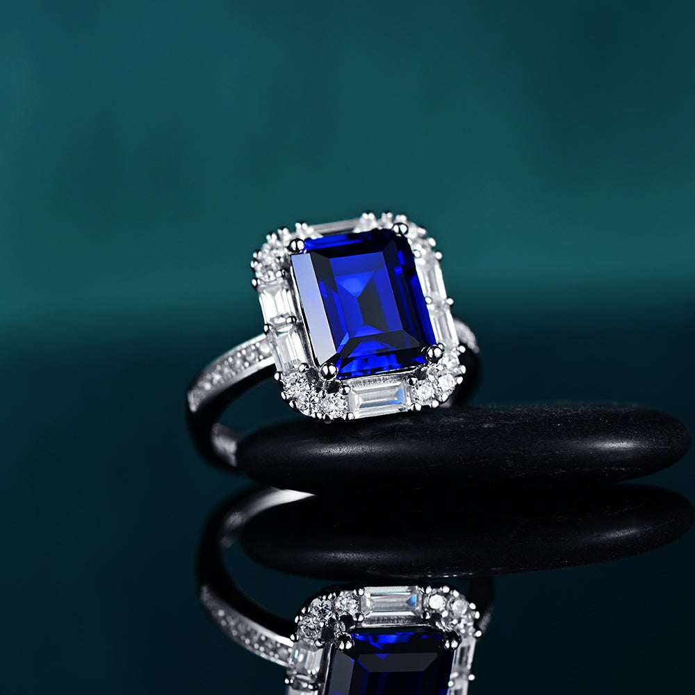 4.2ct Rectangle Lab Sapphire Ring | Rhodium-Plated S925 Silver, Custom Available