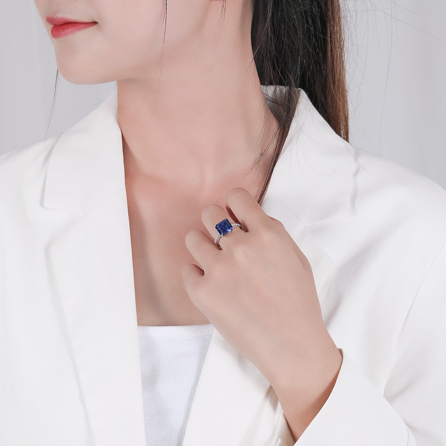 Rectangle Lab Sapphire Ring | Rhodium-Plated S925 Silver, Custom Available