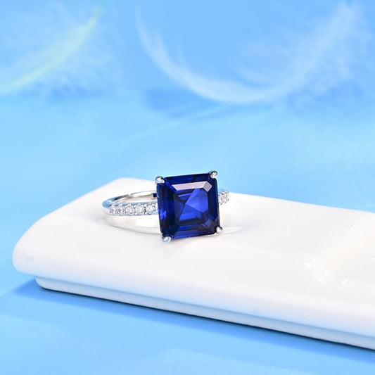 Rectangle Lab Sapphire Ring | Rhodium-Plated S925 Silver, Custom Available