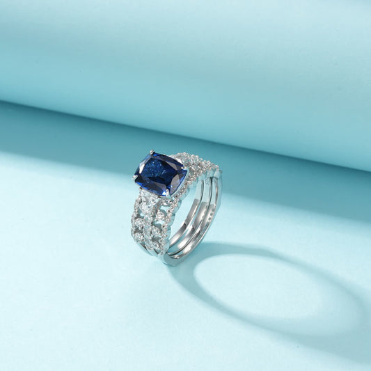3.99ct Rectangle Lab Sapphire Ring | Rhodium-Plated S925 Silver, Custom Available