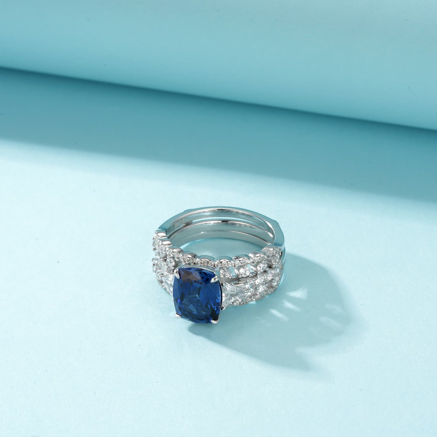 3.99ct Rectangle Lab Sapphire Ring | Rhodium-Plated S925 Silver, Custom Available