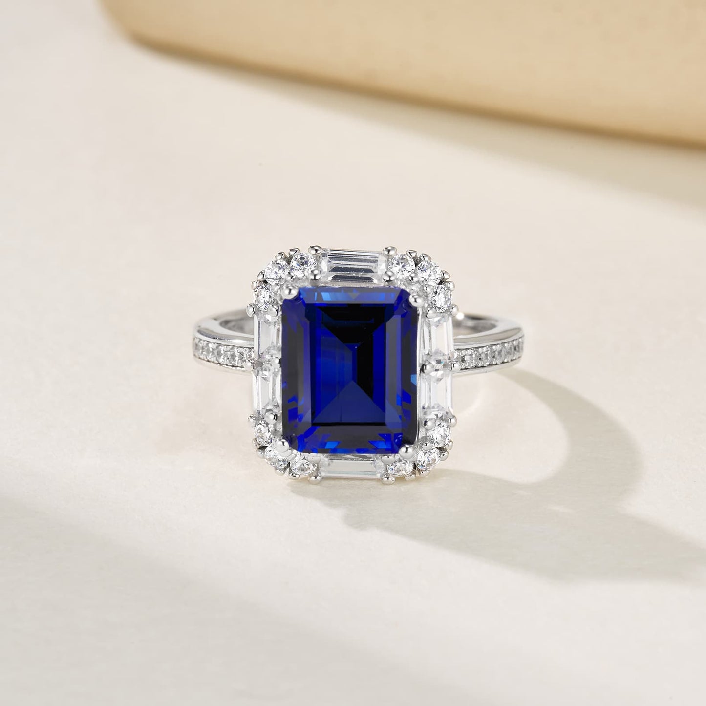 4.2ct Rectangle Lab Sapphire Ring | Rhodium-Plated S925 Silver, Custom Available
