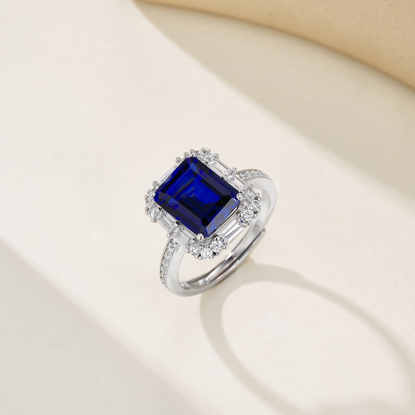 4.2ct Rectangle Lab Sapphire Ring | Rhodium-Plated S925 Silver, Custom Available