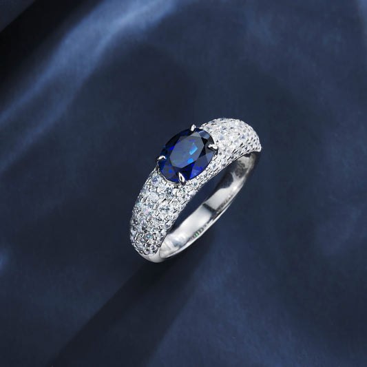 Round Lab Sapphire Ring | Rhodium-Plated S925 Silver, Custom Available