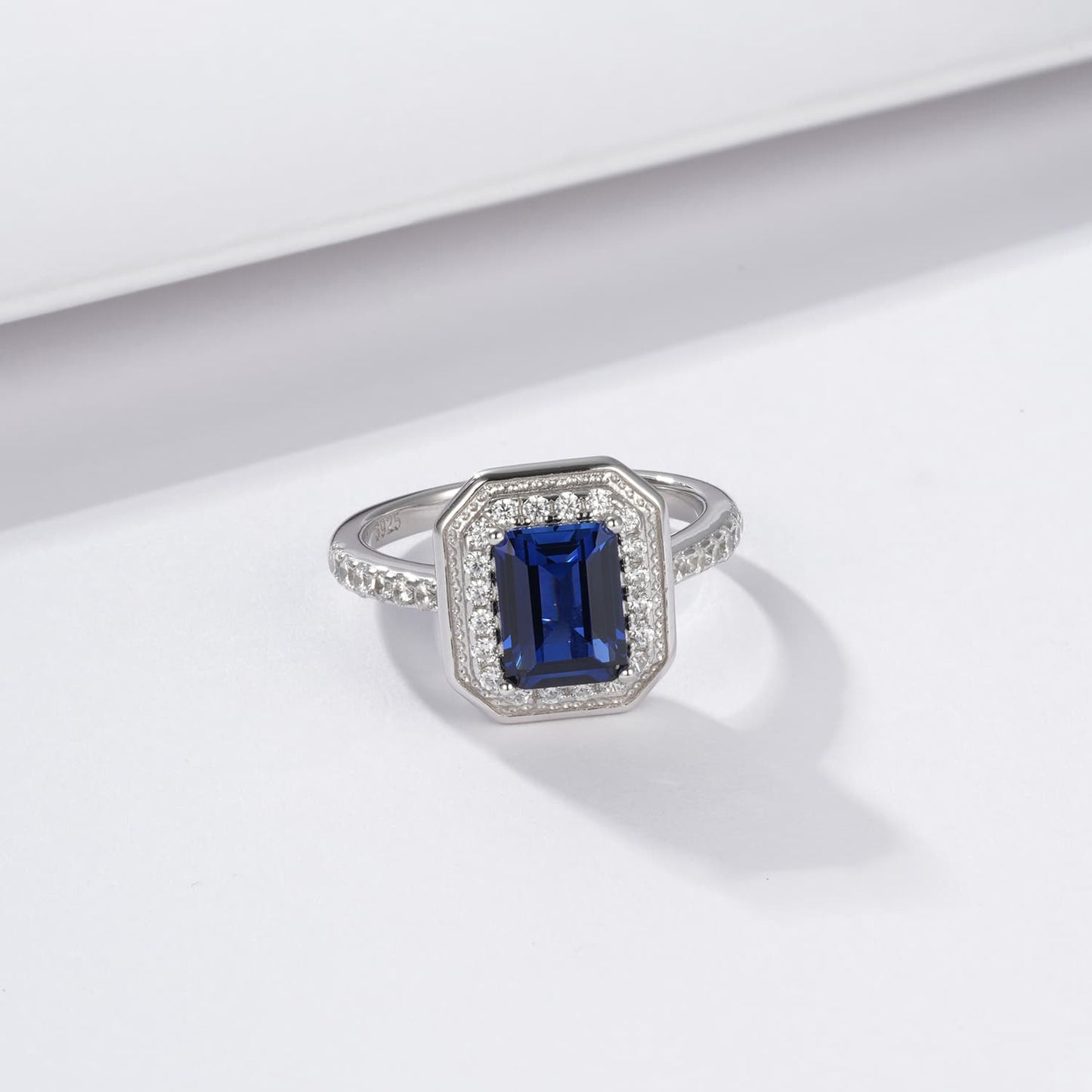 1.7ct Rectangle Lab Sapphire Ring | Rhodium-Plated S925 Silver, Custom Available