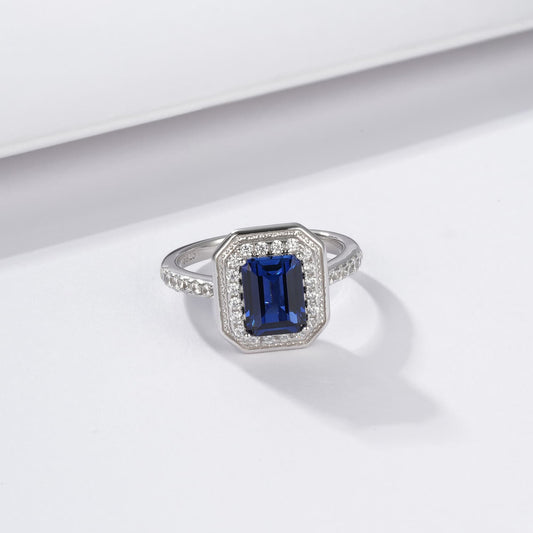 1.7ct Rectangle Lab Sapphire Ring | Rhodium-Plated S925 Silver, Custom Available