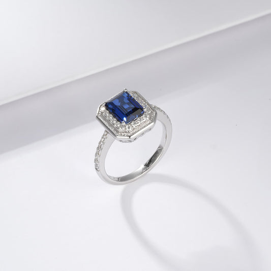 1.7ct Rectangle Lab Sapphire Ring | Rhodium-Plated S925 Silver, Custom Available