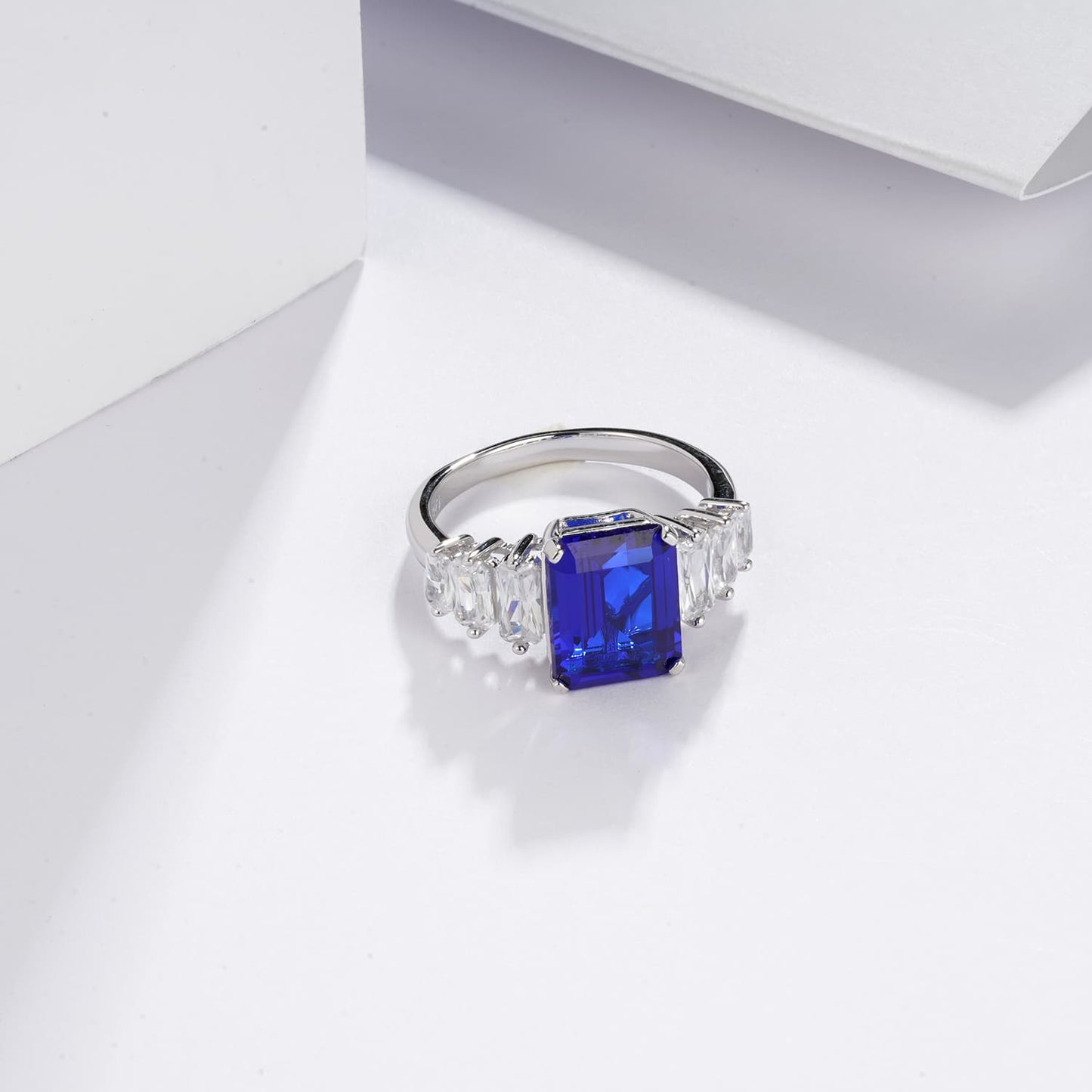6.04ct Rectangle Lab Sapphire Ring | Rhodium-Plated S925 Silver, Custom Available