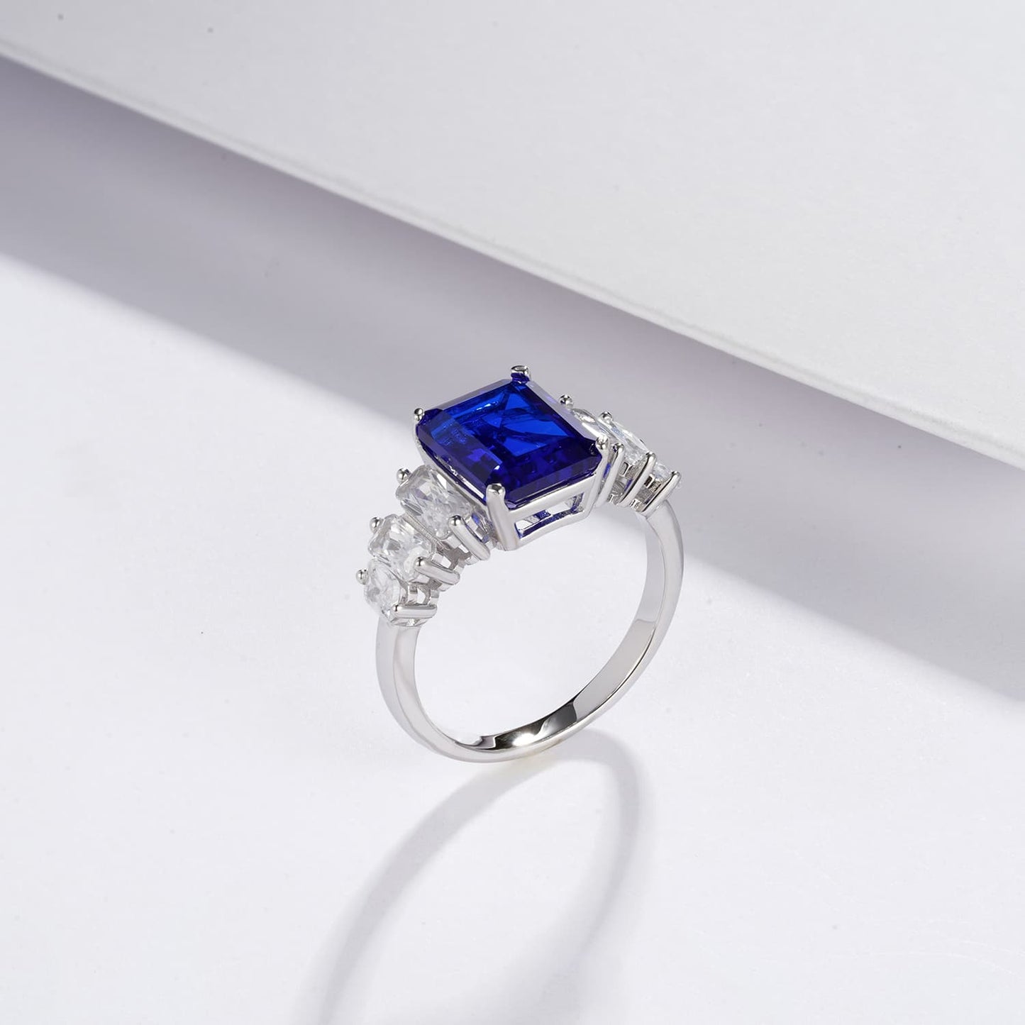 6.04ct Rectangle Lab Sapphire Ring | Rhodium-Plated S925 Silver, Custom Available