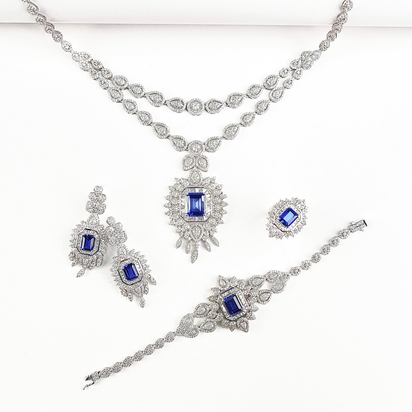 Cushion Lab Sapphire Jewelry Set | Rhodium-Plated S925 Silver, Custom Available