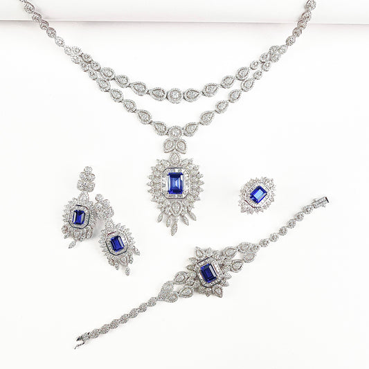 Cushion Lab Sapphire Jewelry Set | Rhodium-Plated S925 Silver, Custom Available