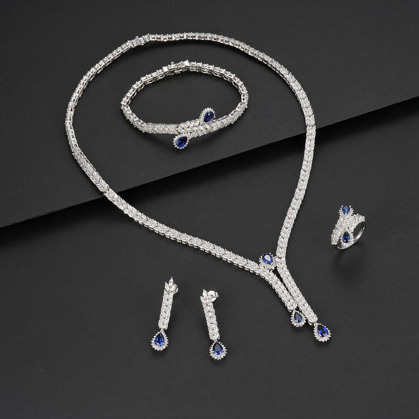 Pear Lab Sapphire Jewelry Set | Rhodium-Plated S925 Silver, Custom Available