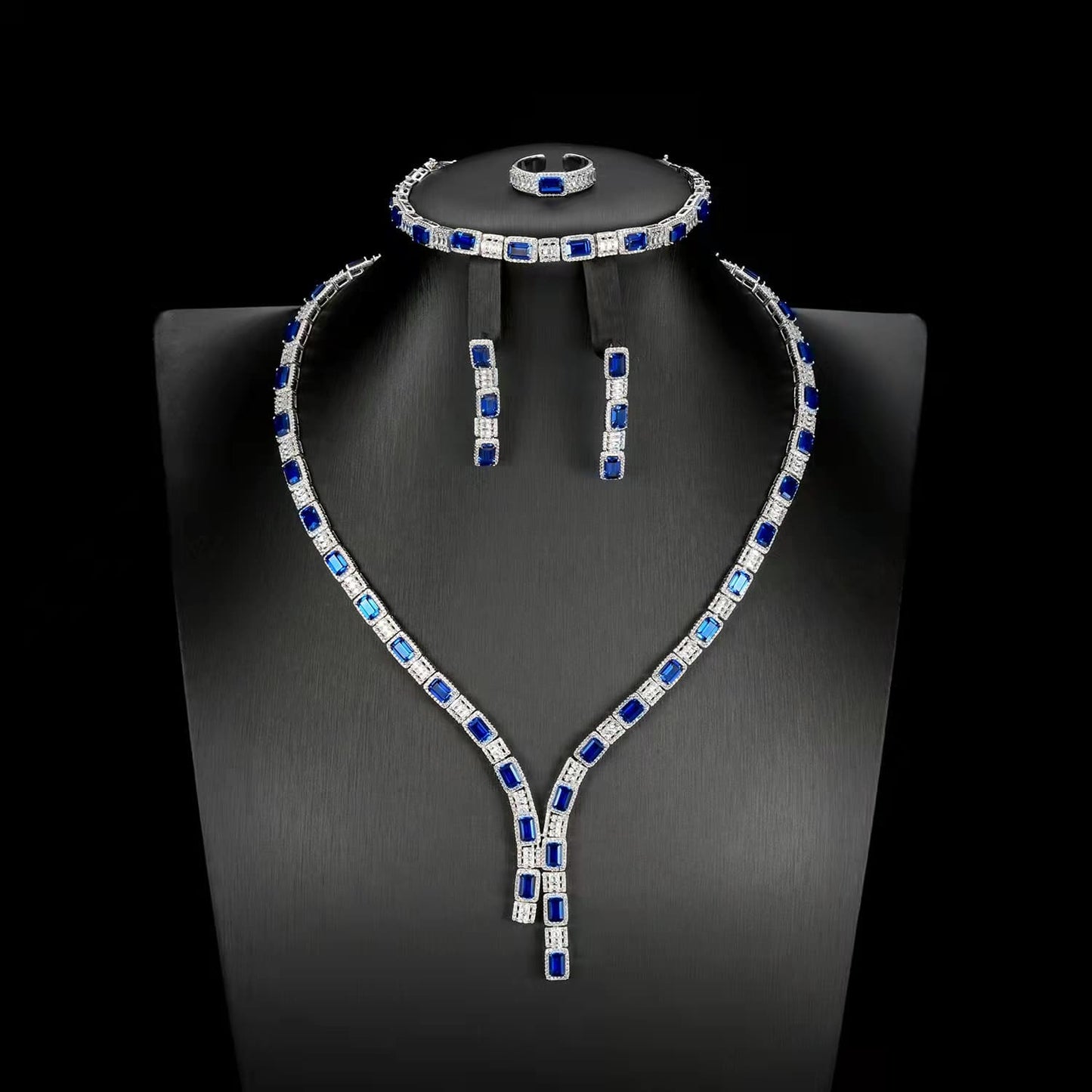 Rectangle Lab Sapphire Jewelry Set | Rhodium-Plated S925 Silver, Custom Available