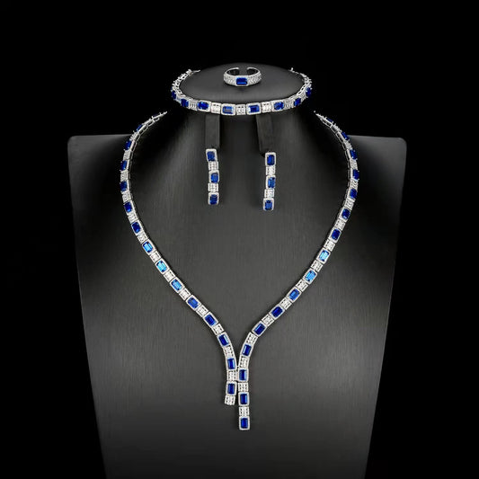 Rectangle Lab Sapphire Jewelry Set | Rhodium-Plated S925 Silver, Custom Available