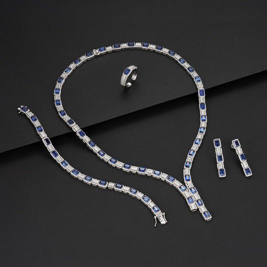Rectangle Lab Sapphire Jewelry Set | Rhodium-Plated S925 Silver, Custom Available