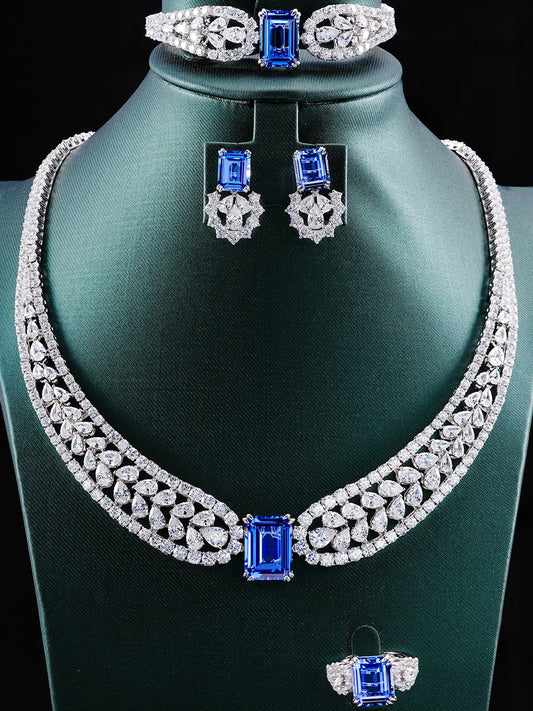 Octagon Lab Sapphire Jewelry Set | Rhodium-Plated S925 Silver, Custom Available