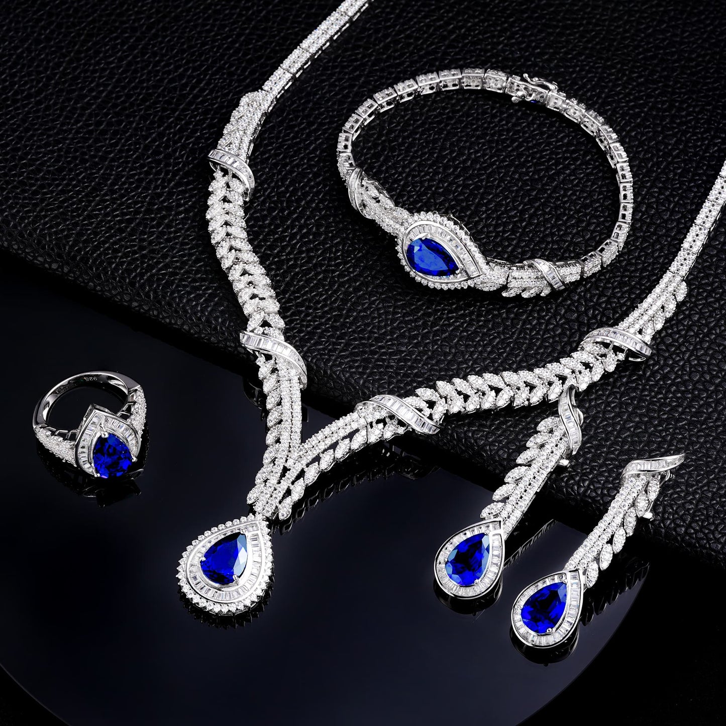 Pear Lab Sapphire Jewelry Set | Rhodium-Plated S925 Silver, Custom Available