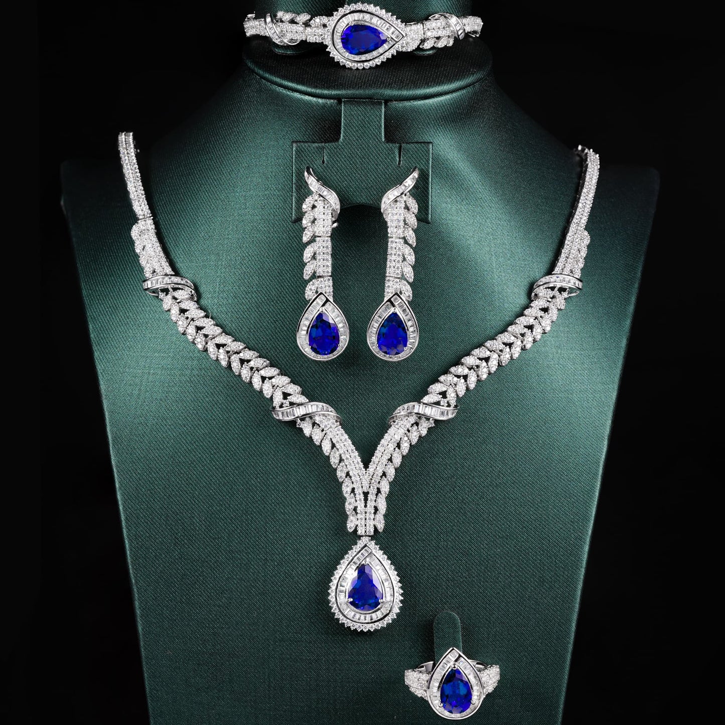 Pear Lab Sapphire Jewelry Set | Rhodium-Plated S925 Silver, Custom Available