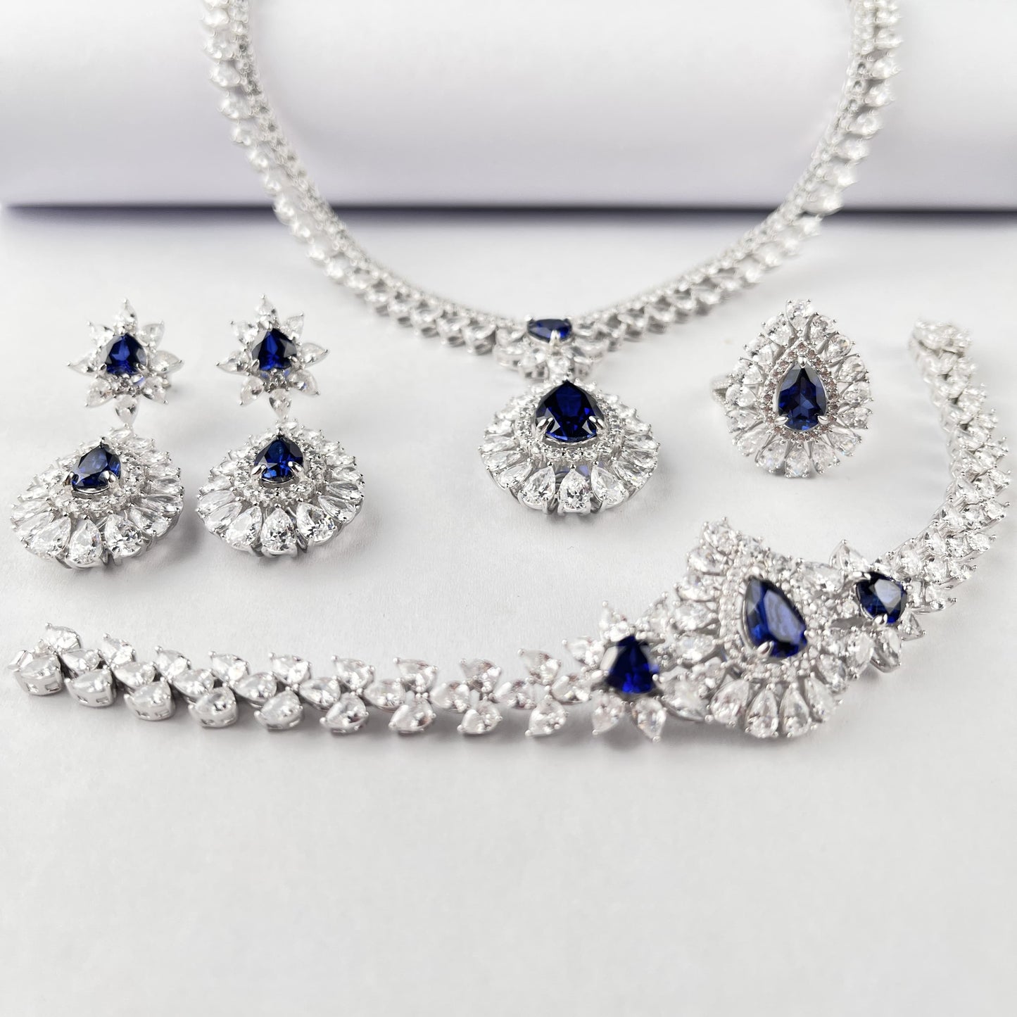Pear Lab Sapphire Jewelry Set | Rhodium-Plated S925 Silver, Custom Available