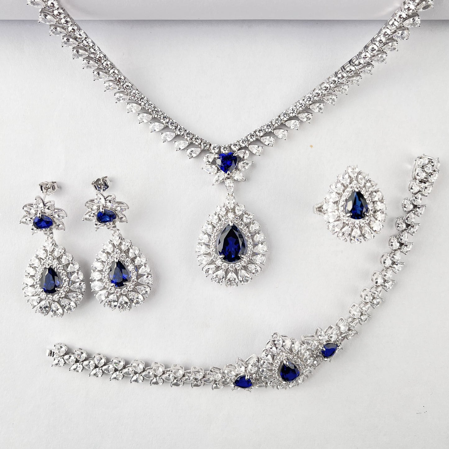 Pear Lab Sapphire Jewelry Set | Rhodium-Plated S925 Silver, Custom Available